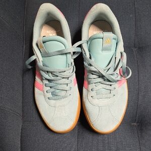 adidas Women’s Mint Green Suede Sneakers with Pink Stripes